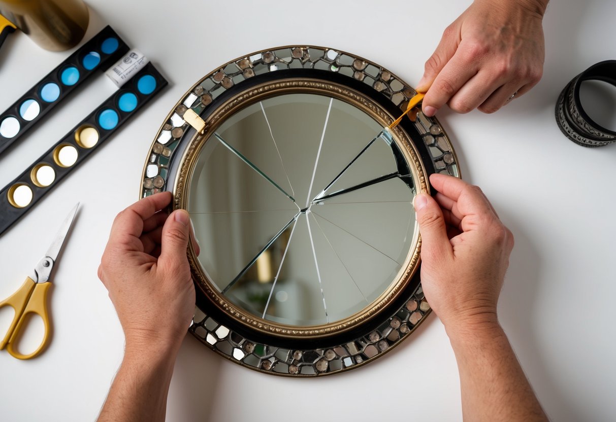 A cracked mirror being carefully repaired with decorative options for enhancement