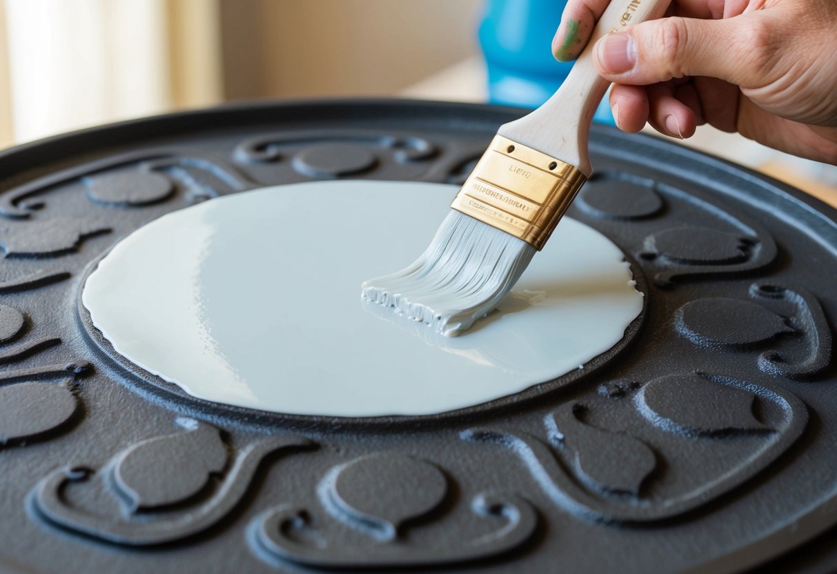 A cast iron surface is being prepared for painting. The paintbrush applies a smooth coat of paint onto the iron, covering it completely