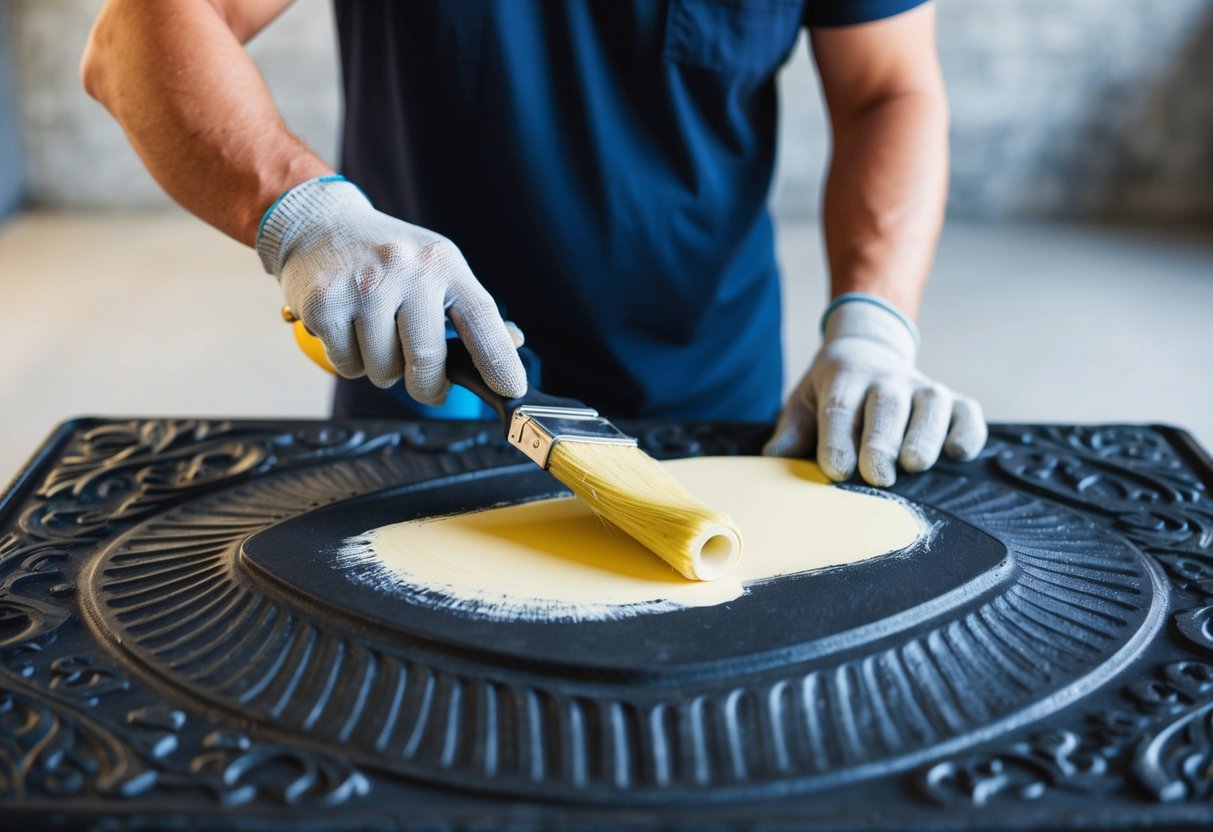 A person applying paint to a cast iron surface using a brush and roller, with protective gloves and a mask