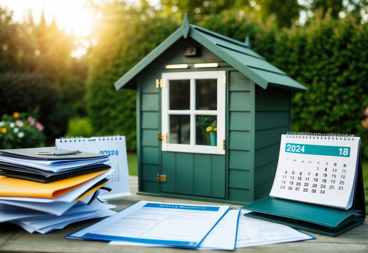 A garden shed surrounded by paperwork and official documents, with a calendar showing the year 2024