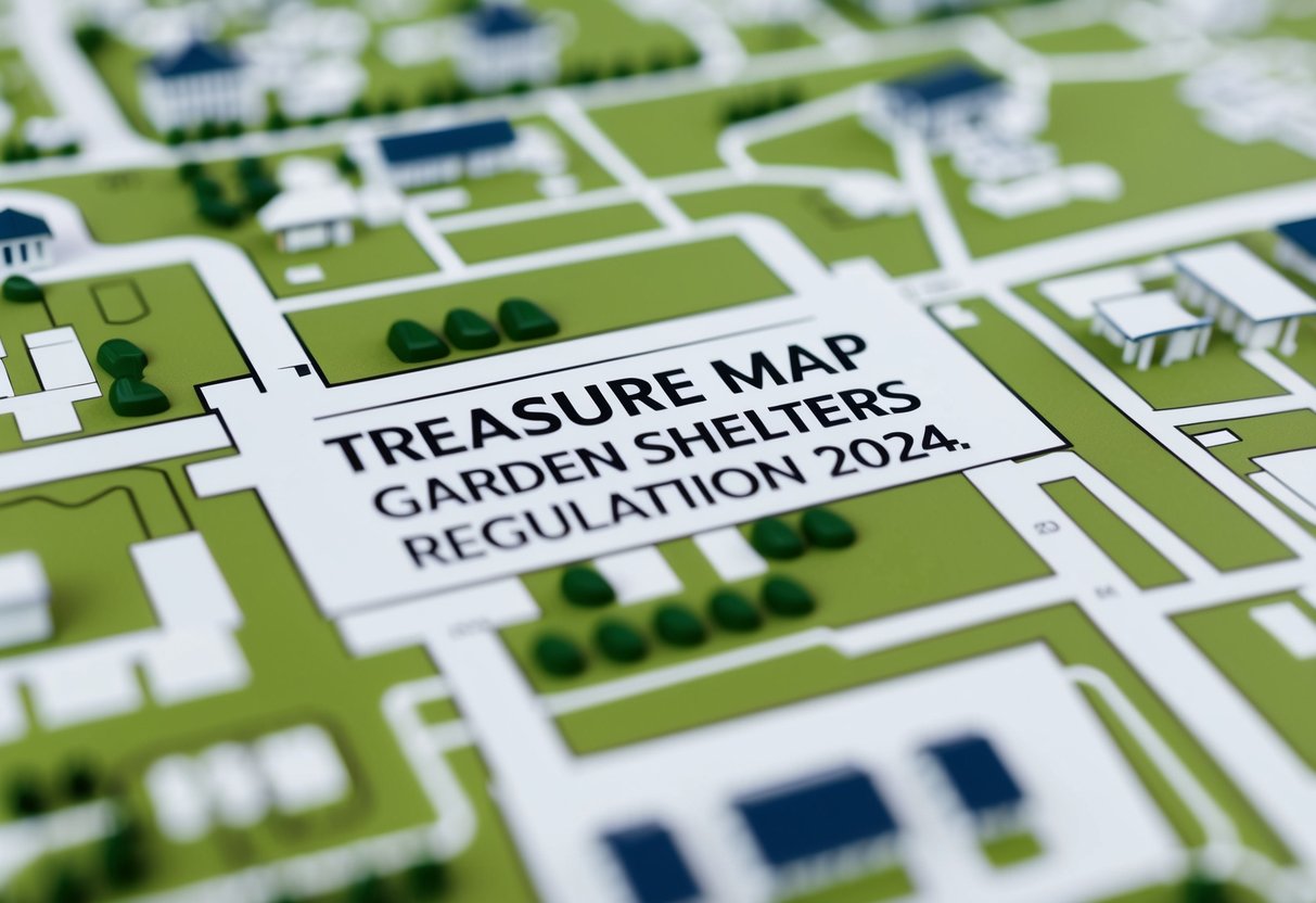 A detailed map of the urban plan with zoning regulations for garden sheds, labeled "Treasure Map Garden Shelters Regulation 2024."