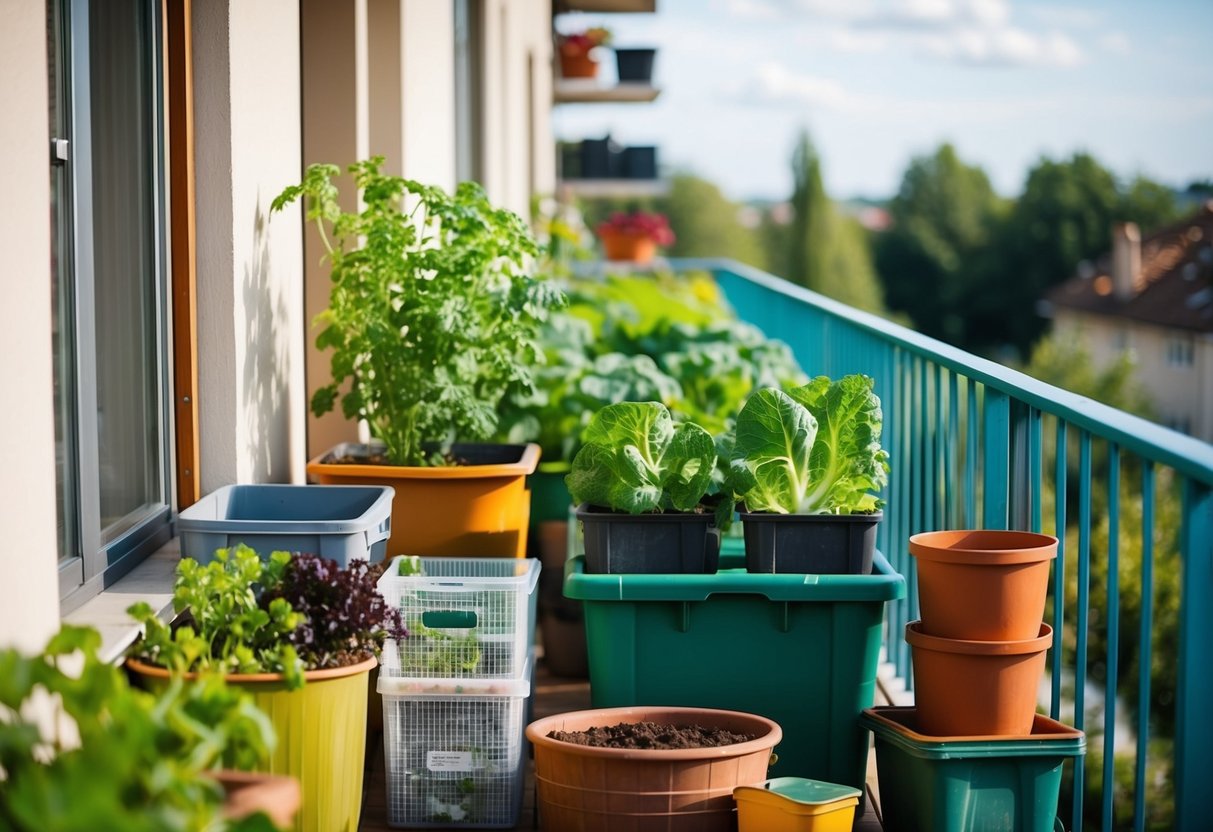 A balcony with various containers and materials for a square vegetable garden