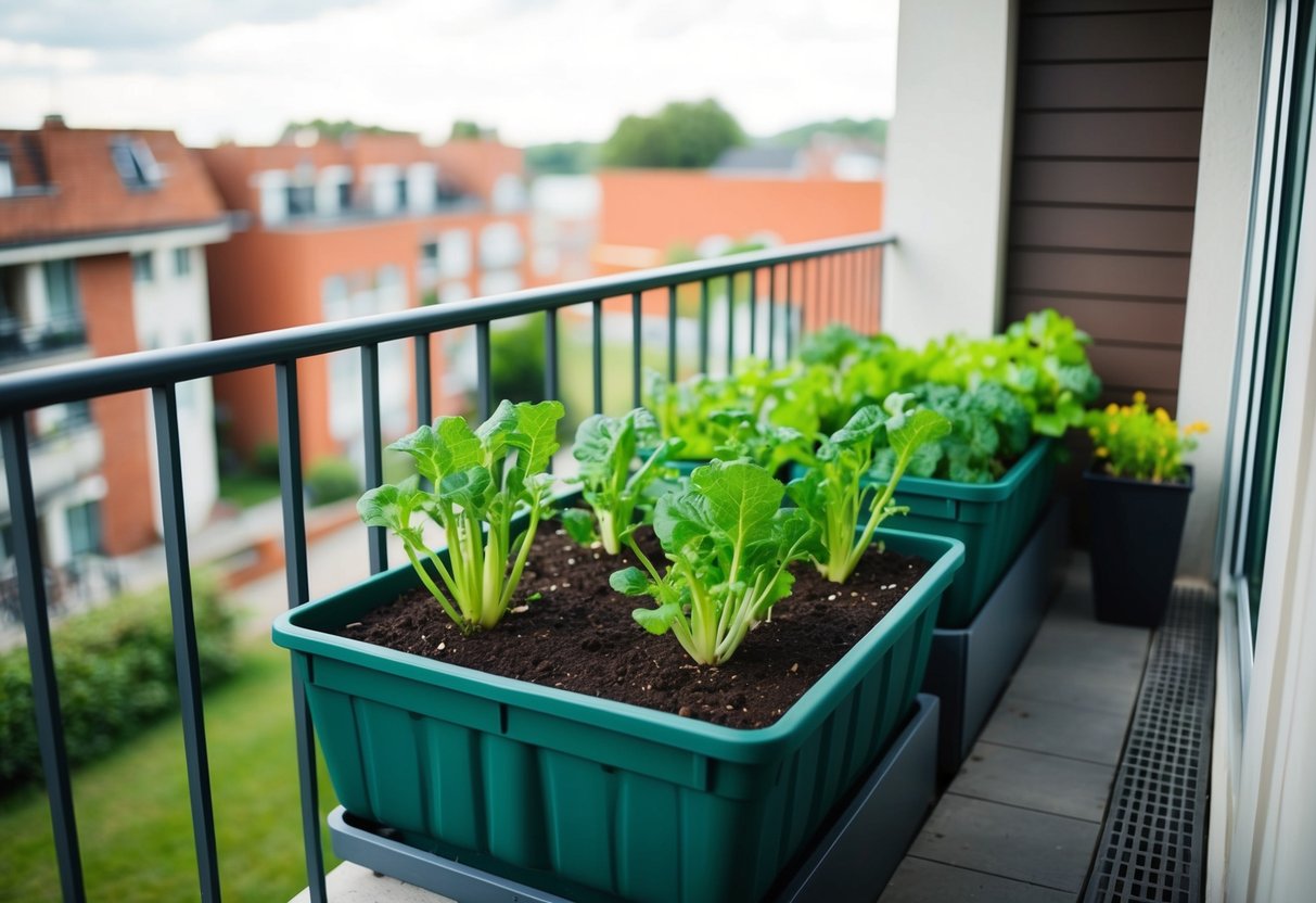 A balcony with a square vegetable garden bed filled with soil and drainage system