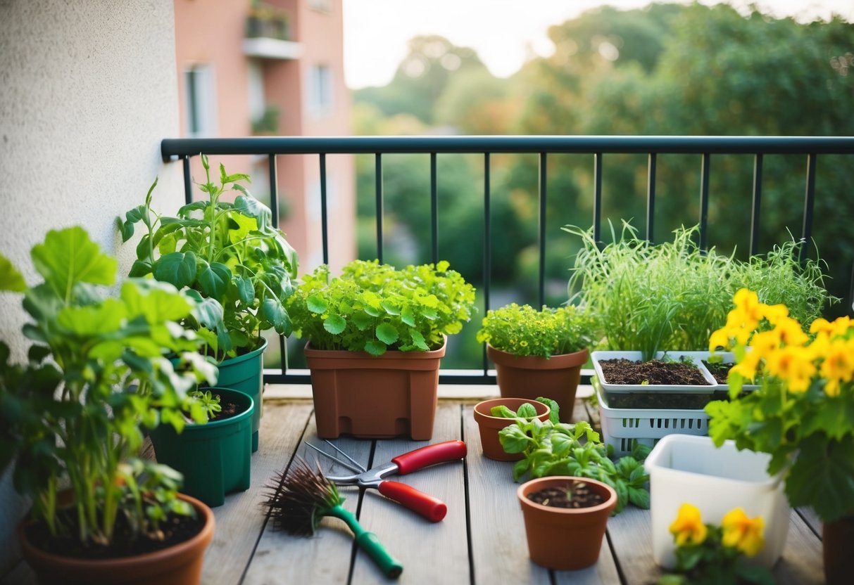 A square balcony garden with various crops and maintenance tools