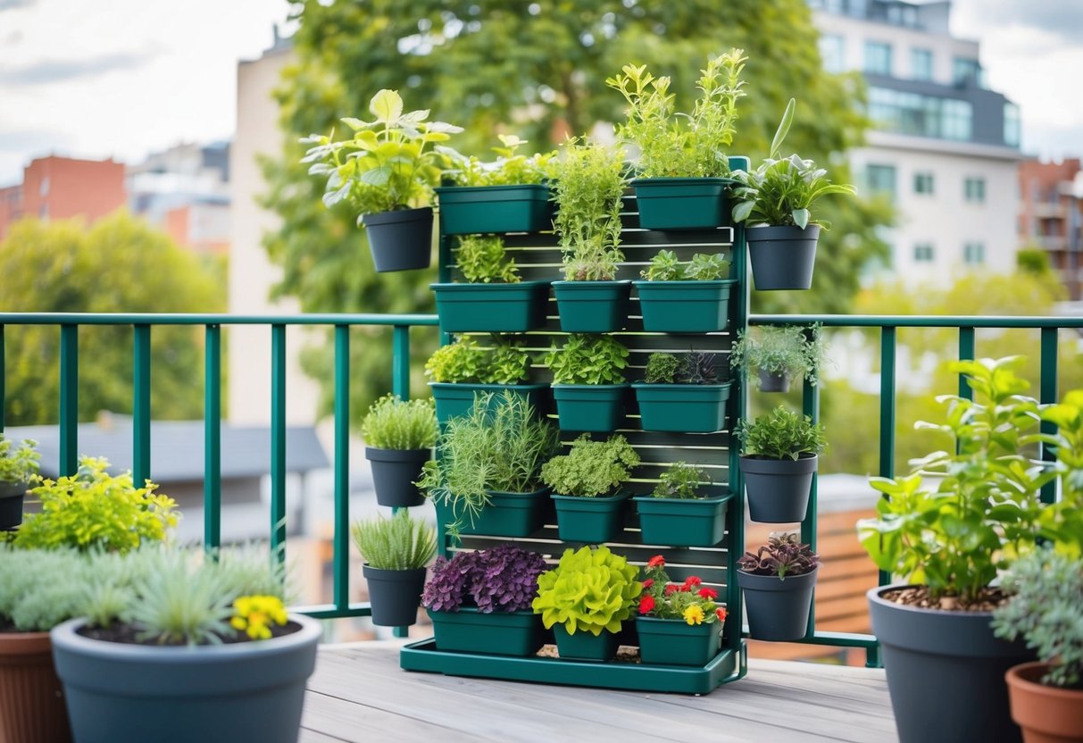 A small, aesthetically pleasing square balcony garden with eco-friendly features, including a variety of potted plants and herbs arranged neatly in a vertical garden system