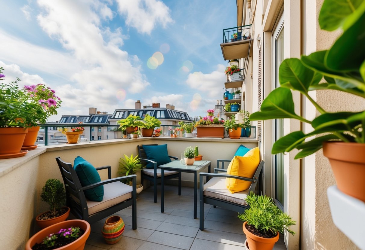 A cozy apartment balcony with seating and a small dining table, surrounded by potted plants and colorful decorations