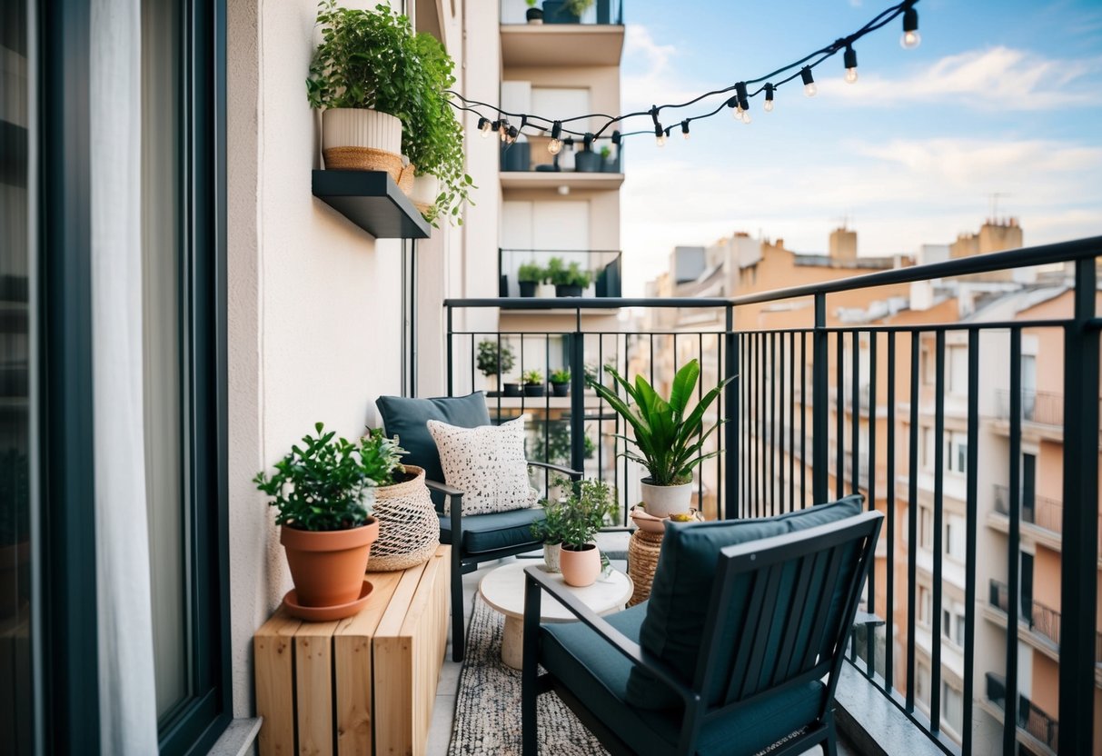 A small apartment balcony, 2m2 to 6m2, with personalized accessories and decorations, such as potted plants, cozy seating, and string lights