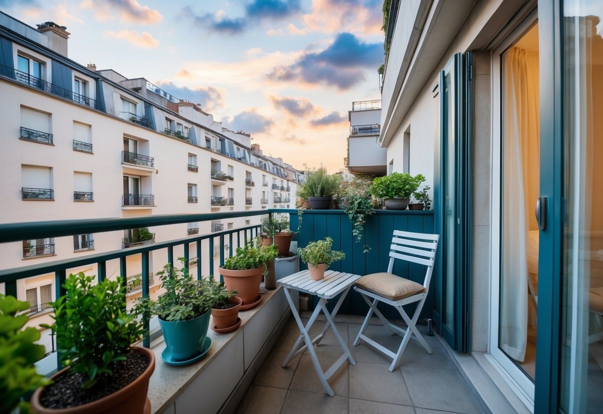 A cozy apartment balcony, 2m2 to 6m2, maximizes privacy and comfort with potted plants, a small table and chairs, and soft lighting