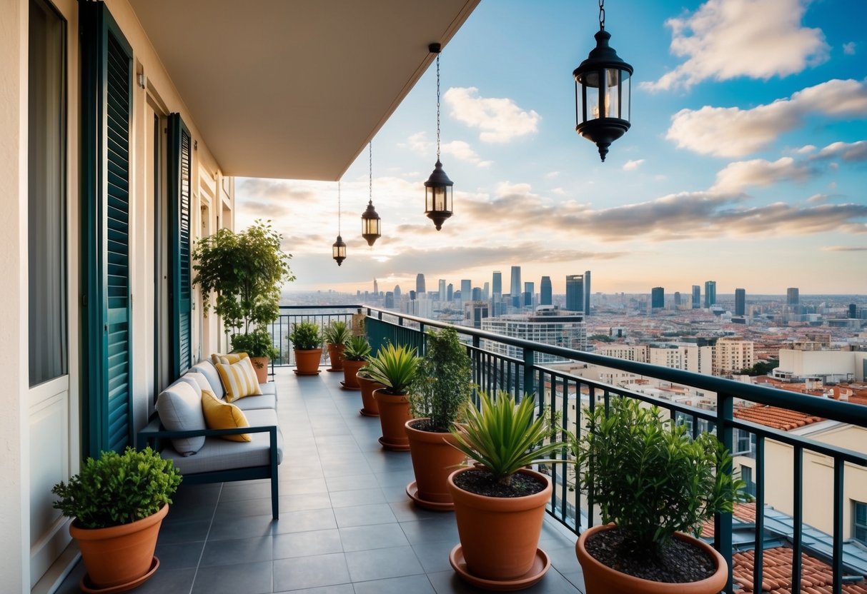 A long balcony with potted plants, hanging lanterns, and cozy seating area overlooking a cityscape