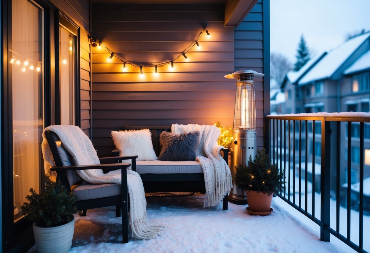 A cozy winter balcony adorned with essential accessories like warm blankets, string lights, potted plants, and a small outdoor heater