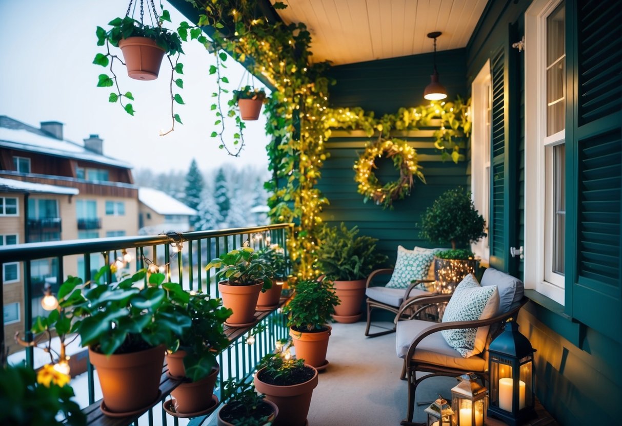 A cozy winter balcony adorned with potted plants, hanging ivy, and twinkling lights, creating a lush and inviting green atmosphere