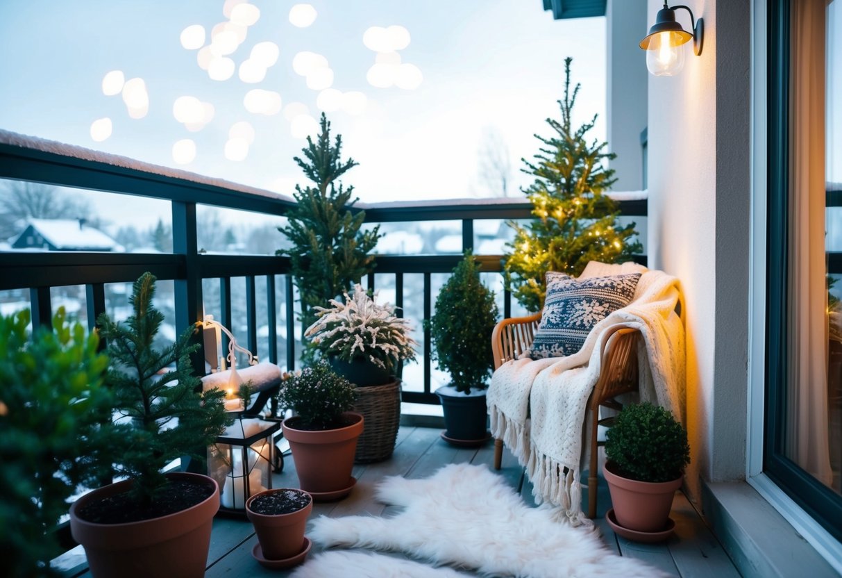 A cozy balcony in winter with potted plants, warm blankets, and soft lighting to create a private and inviting space