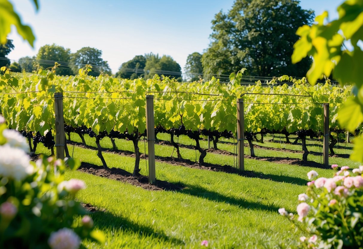 A sunny garden with a well-placed vineyard, surrounded by lush greenery and blooming flowers