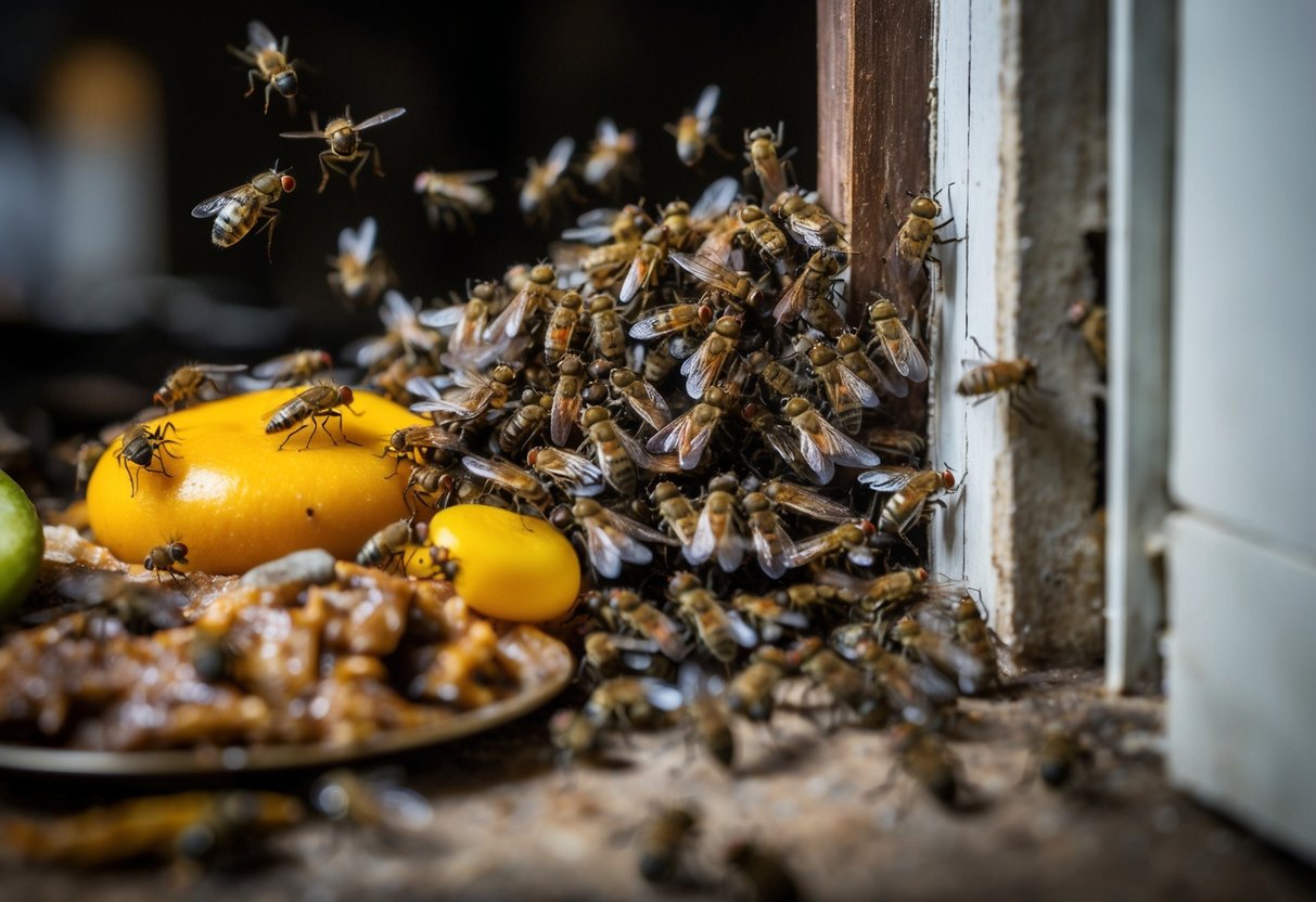 A cluster of flies gathered around rotting food and damp, dark corners inside a house. The flies buzz and flit around, creating a sense of unease