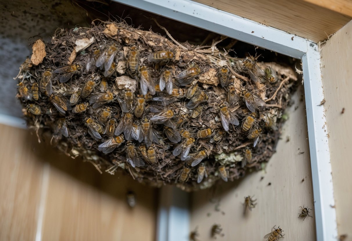 A fly nest in a house, consisting of decaying organic matter and waste. Surrounding areas may show signs of fly activity