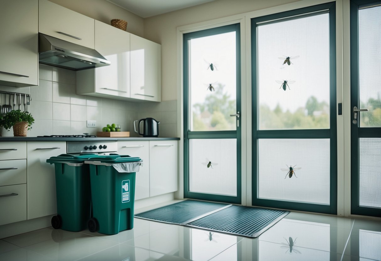 A clean and tidy kitchen with sealed trash bins and fly traps. No food or spills left out. Screens on windows and doors to keep flies out