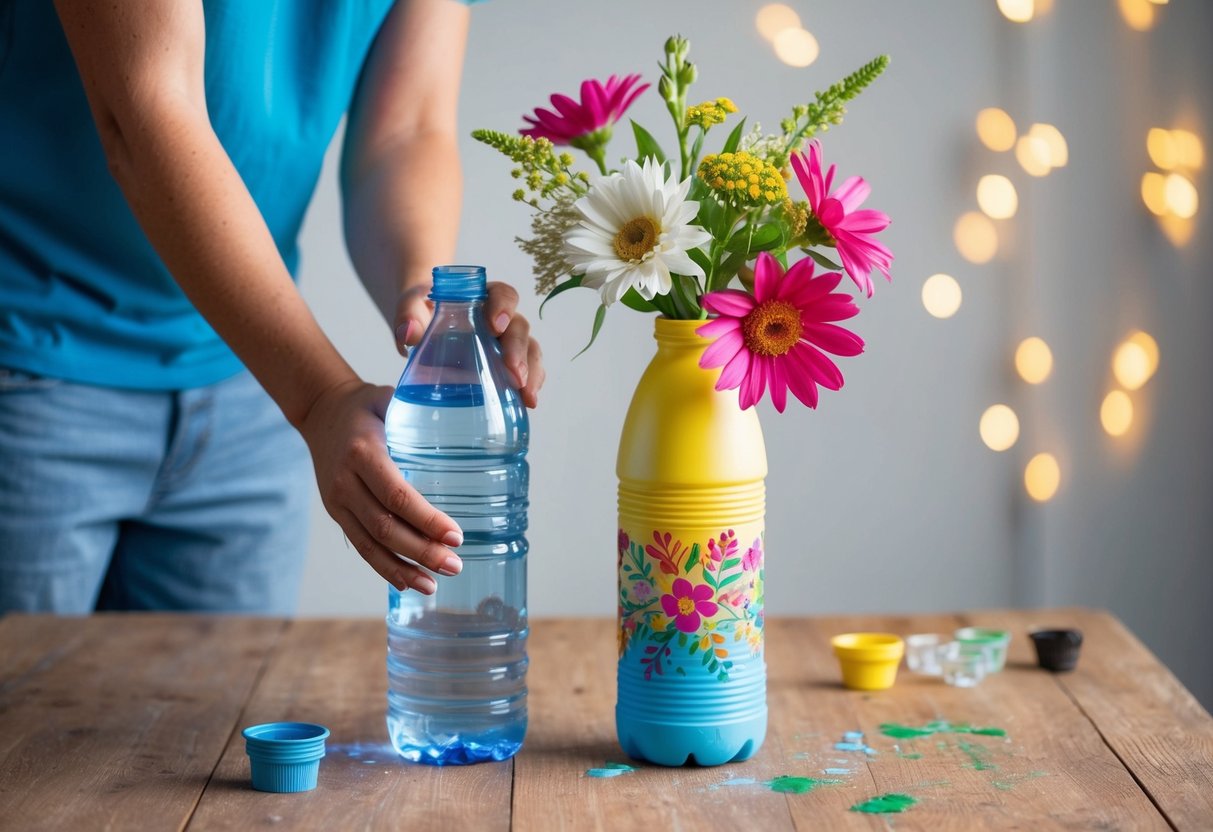 A simple plastic water bottle is being transformed into a decorative flower vase using colorful paint and creative designs