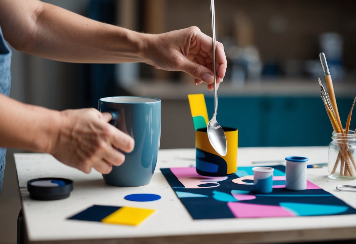 A hand reaches for a common object, such as a mug or a spoon, and begins to transform it into an abstract art piece using various art supplies