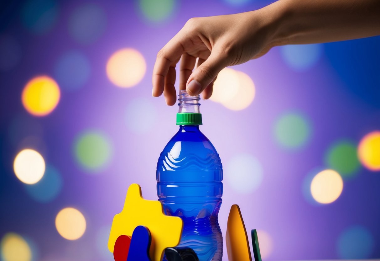 A hand reaching for a plastic bottle, transforming it into a sculpture with vibrant colors and abstract shapes