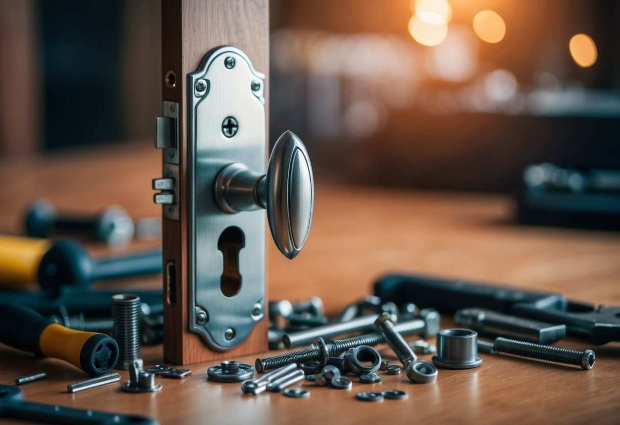 A broken door handle with intricate details, surrounded by scattered hardware and tools