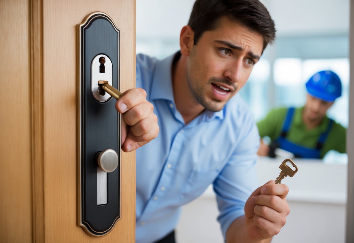 A broken door lock with a key stuck inside, a frustrated person looking at the damaged lock, and a locksmith arriving to fix the issue