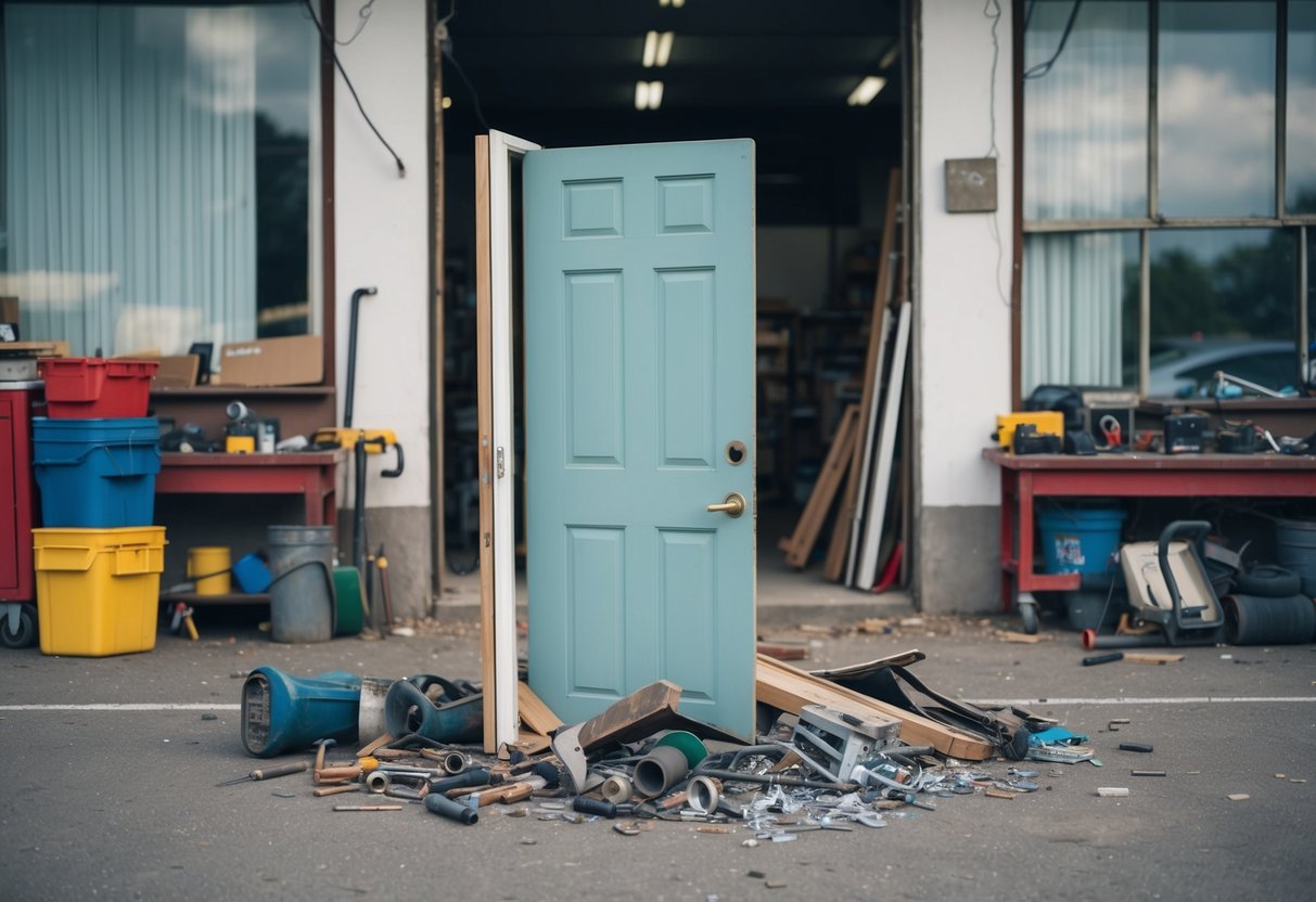 A broken door lies on the ground in front of a repair shop, surrounded by scattered tools and a pile of discarded hardware