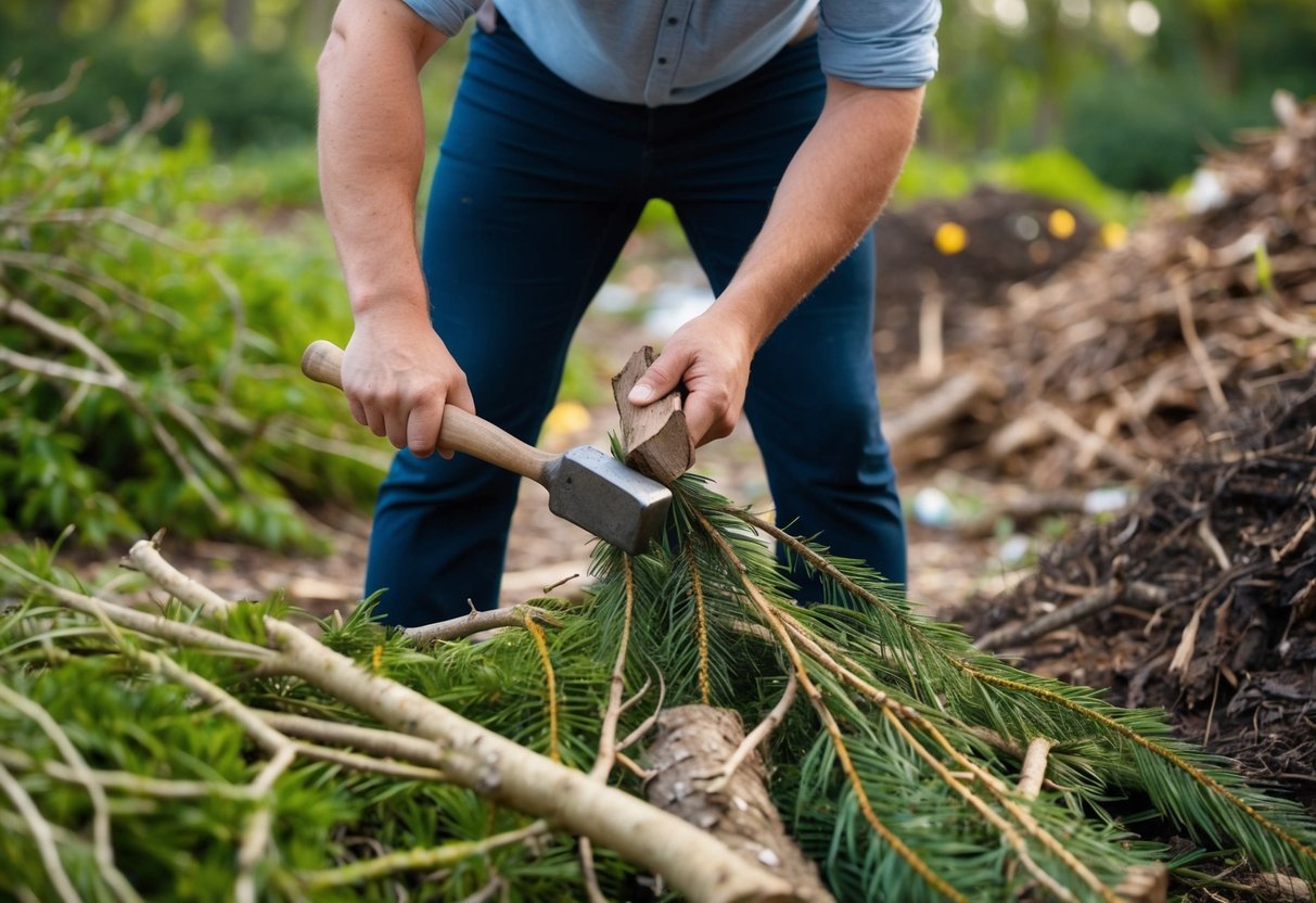 A person manually breaking down tree branches into small pieces using a hammer and chisel, surrounded by piles of other plant waste for creative use