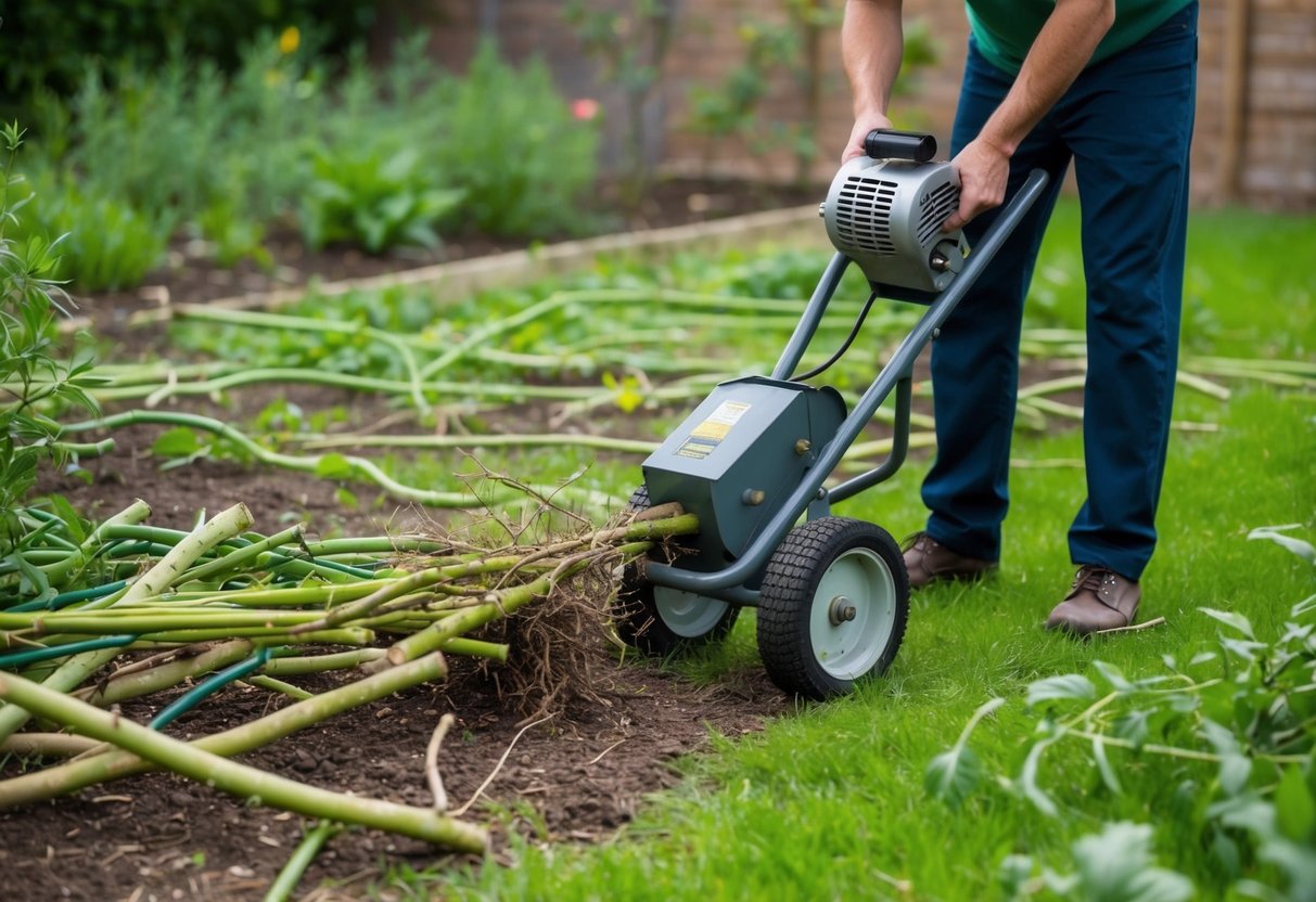 A garden with overgrown weeds and branches scattered on the ground. A person uses a manual branch grinder to crush the branches