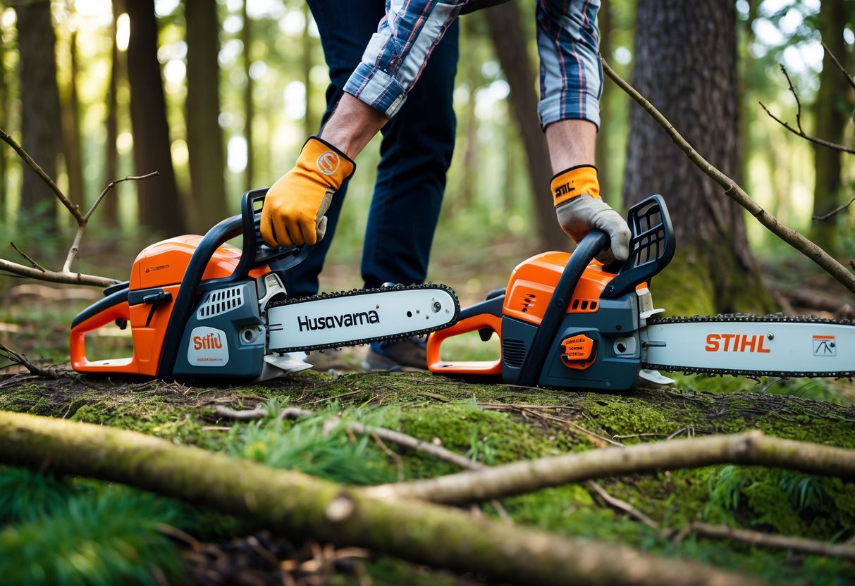 A comparison of ergonomic and comfortable use of Husqvarna and Stihl chainsaws in a forest setting with trees and branches