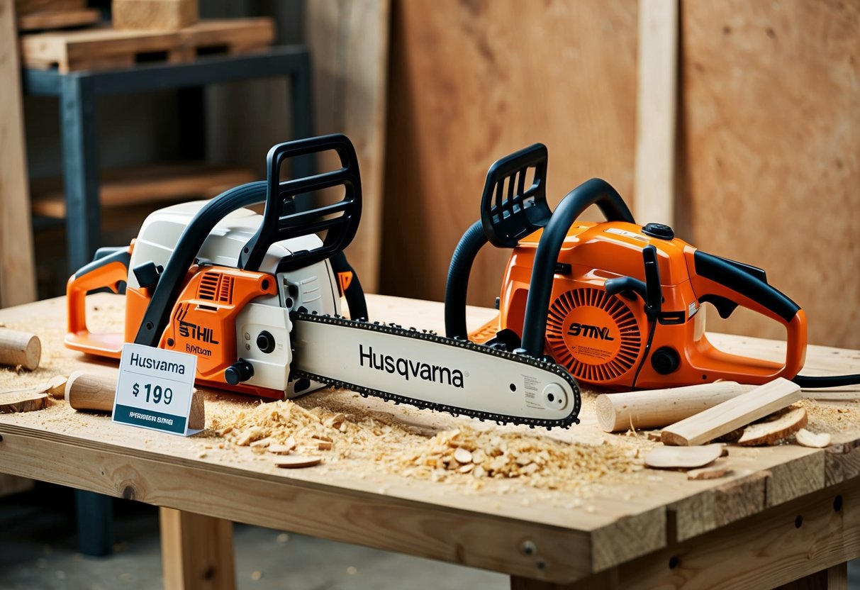 A Husqvarna and Stihl chainsaw sit side by side on a wooden workbench, surrounded by scattered wood chips and sawdust. A price tag and quality comparison chart are displayed next to them