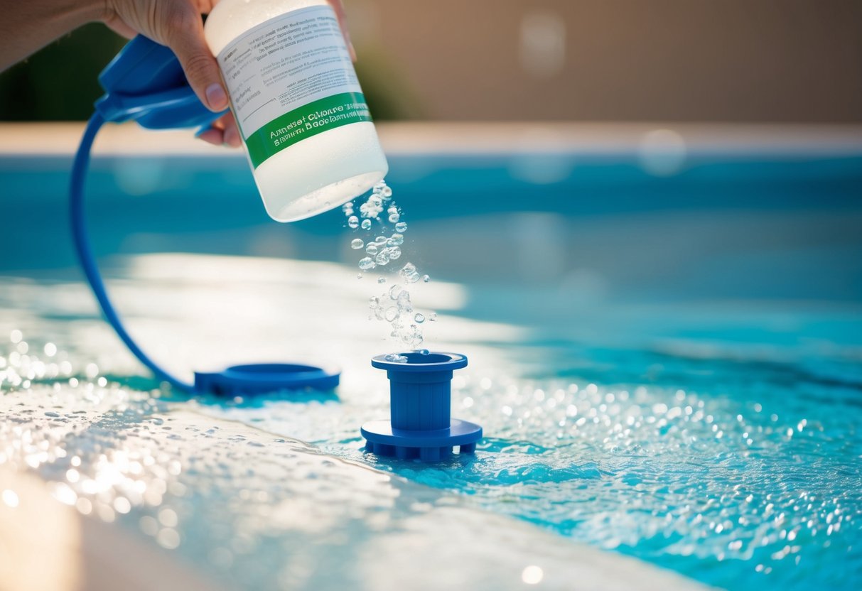 A pool with saltwater, a chlorine shock treatment being added, and bubbles forming on the surface