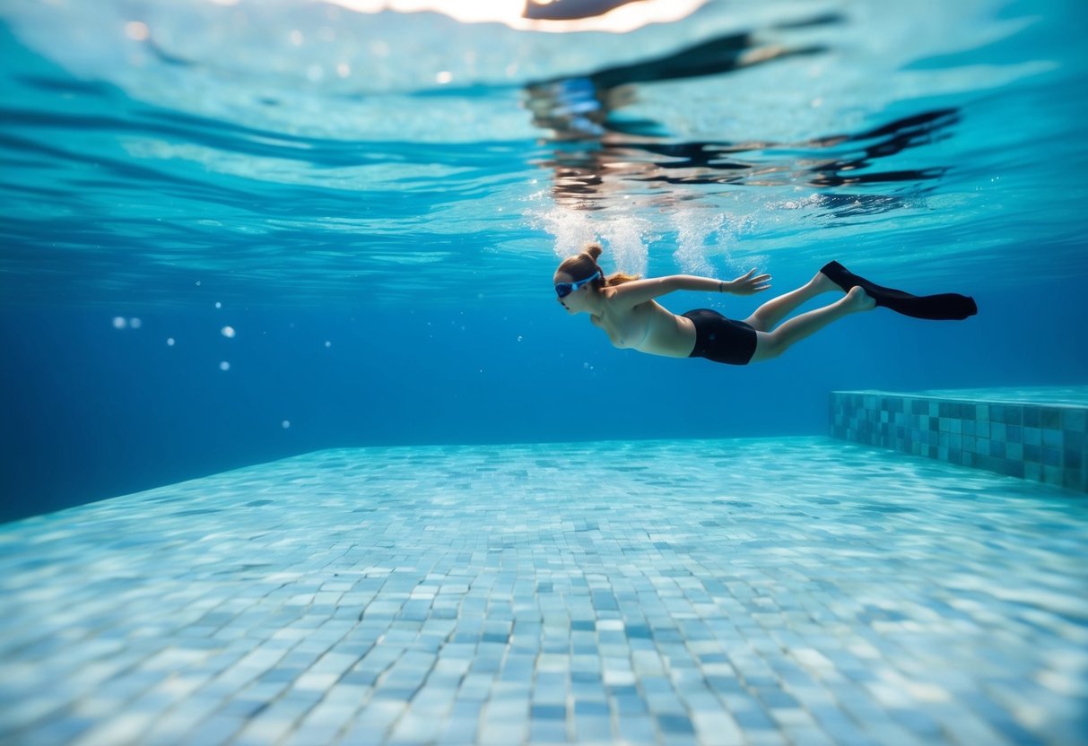 A serene underwater scene with saltwater pool and chlorine shock, showcasing the harmony of deep water chemistry