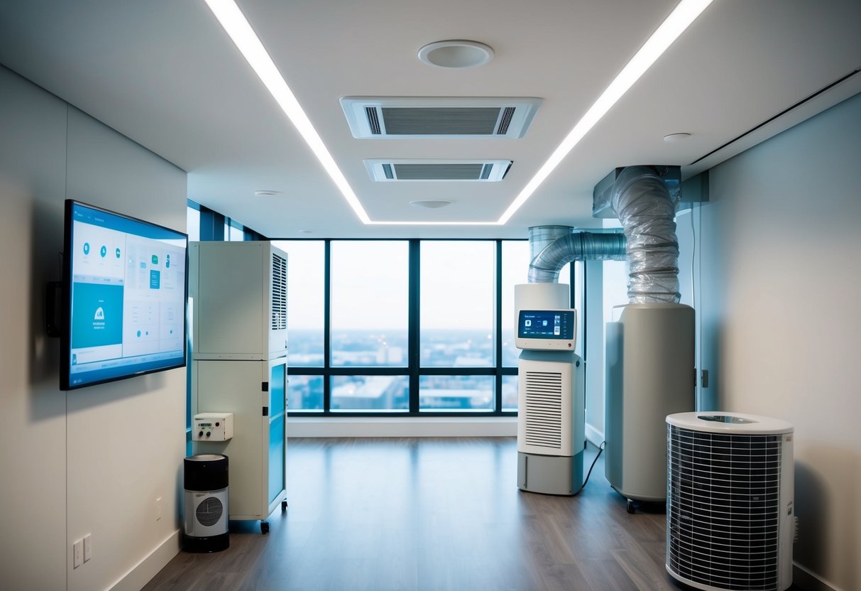 A modern, well-ventilated room with air quality monitoring equipment and a ventilation system