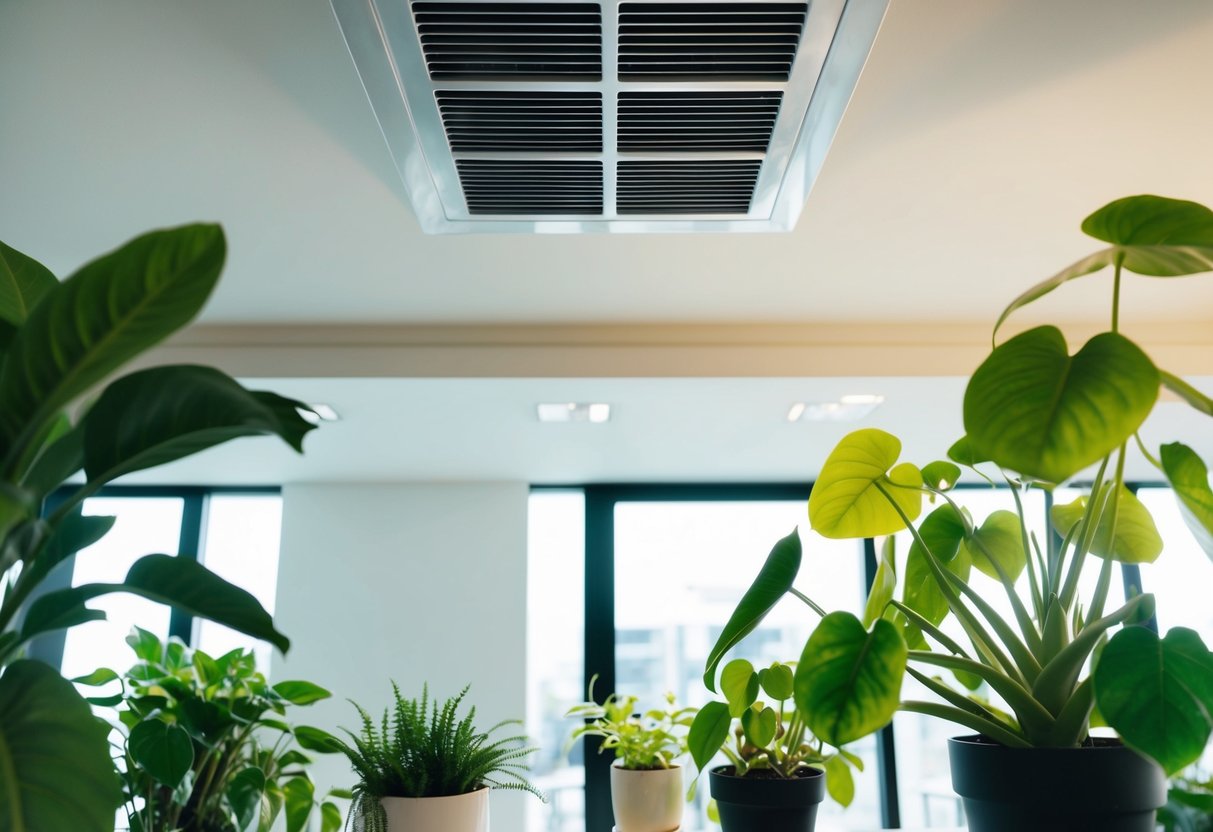 A modern, well-lit room with a ventilation system installed on the ceiling, surrounded by happy and healthy plants