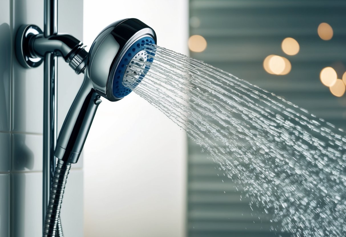 A high-pressure shower head spraying water with force, creating a strong and invigorating stream