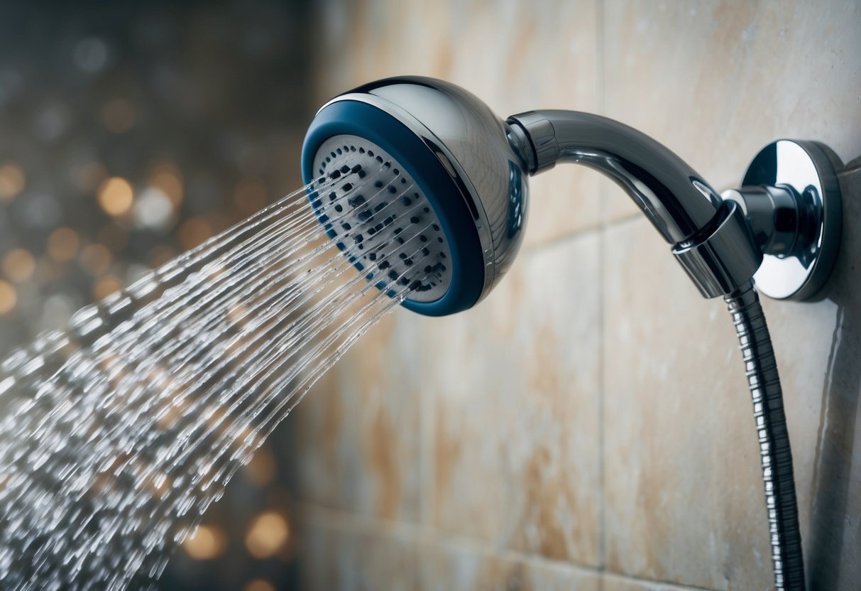 A high-pressure shower head is shown in use, water spraying out with force. The materials appear durable and of high quality, emphasizing the strategic choice