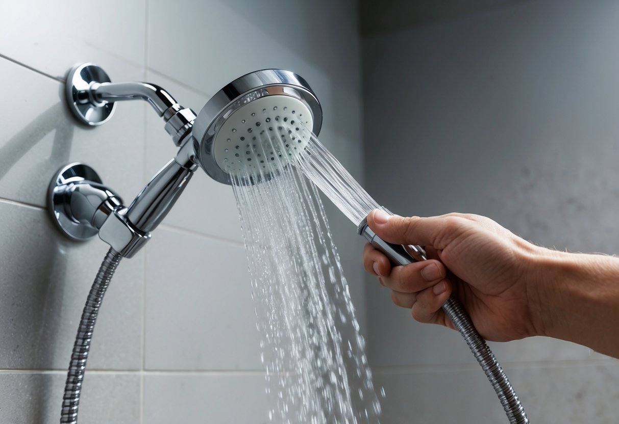 A hand effortlessly installs a high-pressure shower head. Water flows from the new fixture, creating a refreshing and invigorating shower experience