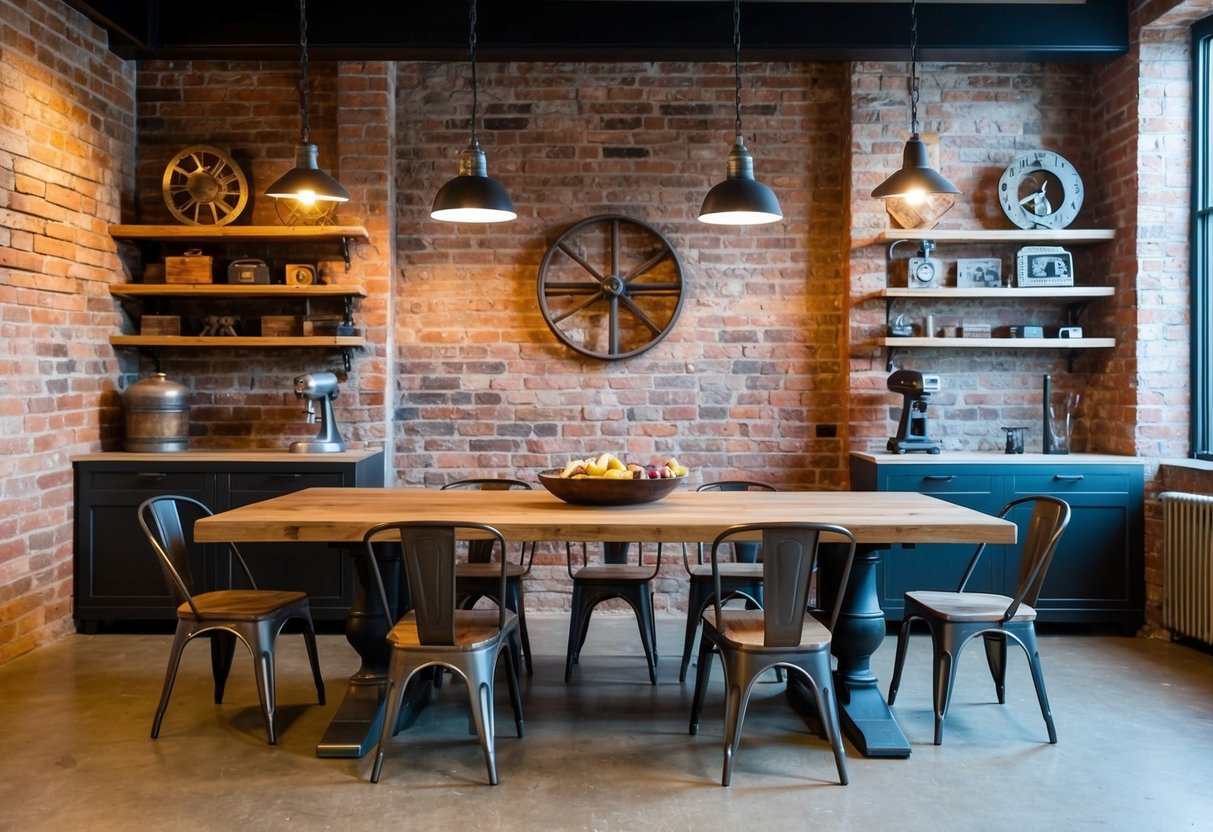 A rustic wooden table with metal legs, surrounded by vintage industrial-style chairs. Exposed brick walls with hanging pendant lights and shelves displaying antique industrial accessories