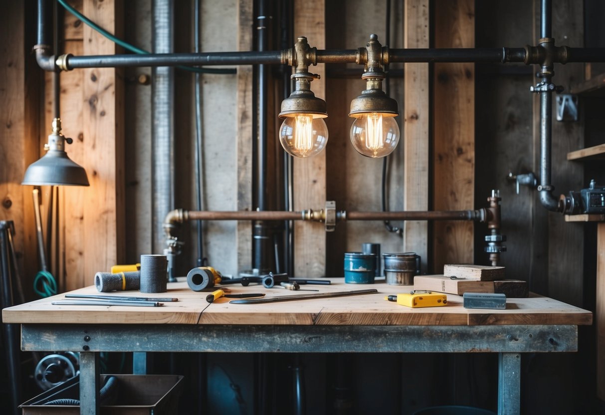 A rustic workbench with industrial decor elements like metal pipes, distressed wood, and vintage light fixtures. Tools and materials scattered around