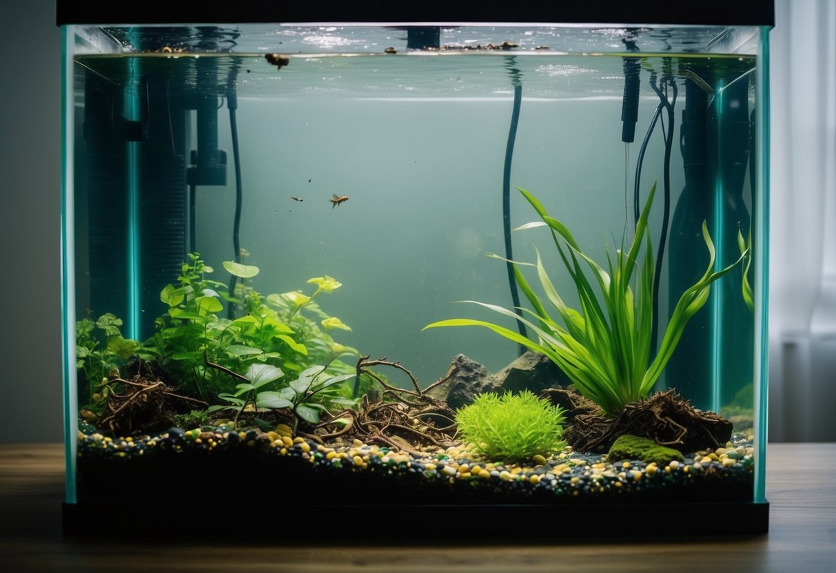 A murky aquarium after cleaning, with scattered debris and disturbed plant life, creating an unbalanced biological environment