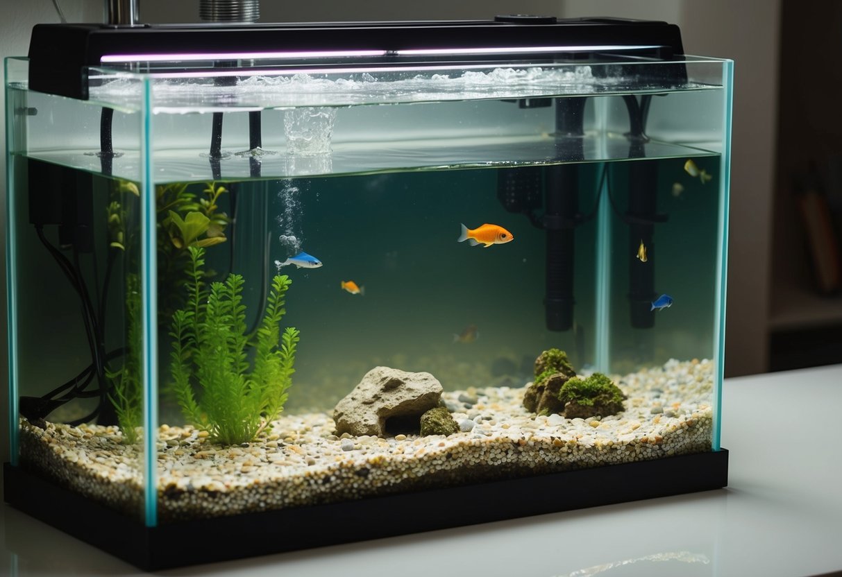 An aquarium with murky water after cleaning, featuring small decorative details