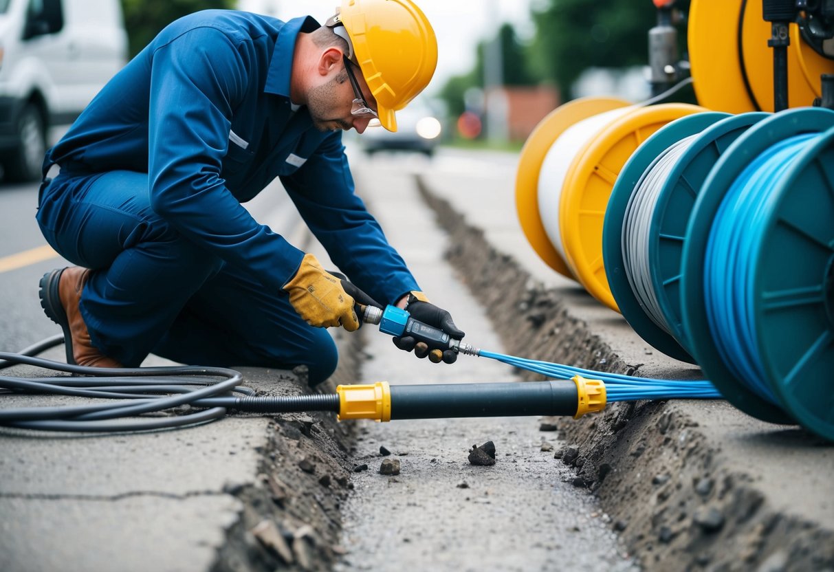 A technician repairing a severed fiber optic cable in a street trench, surrounded by equipment and spools of fiber optic cable