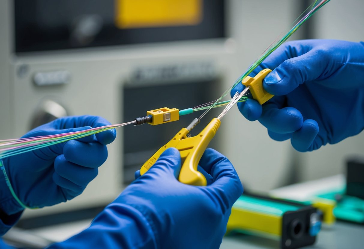 A technician carefully splices a severed fiber optic cable, using precision tools and protective gear in a controlled environment