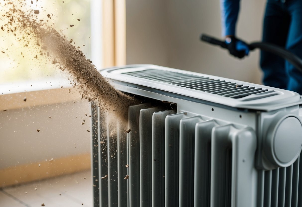 Dust escaping from radiator as it is being emptied and cleaned, with debris and dust particles floating in the air