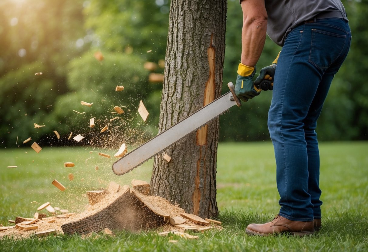 A leaning tree being cut down, with wood chips and sawdust flying as the finishing touches are made