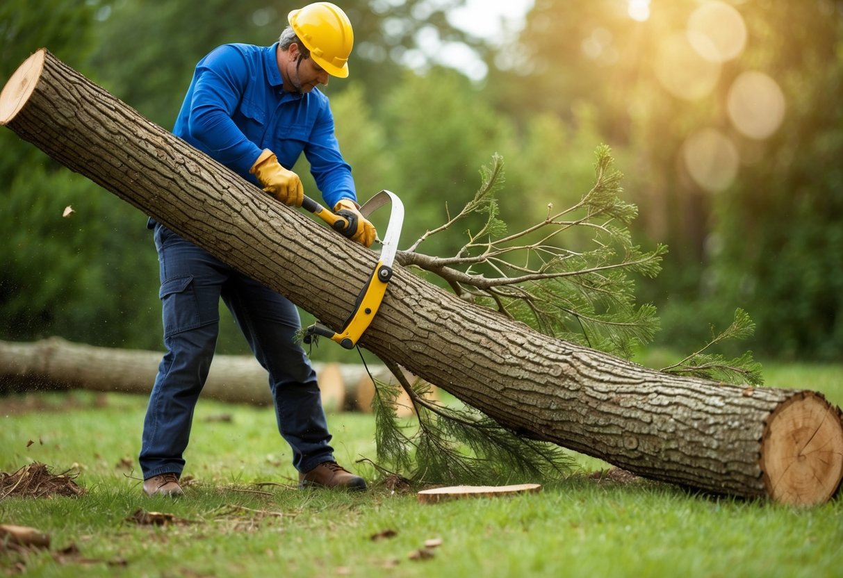 A slanted tree being safely cut down with proper equipment and consideration for legal and environmental regulations