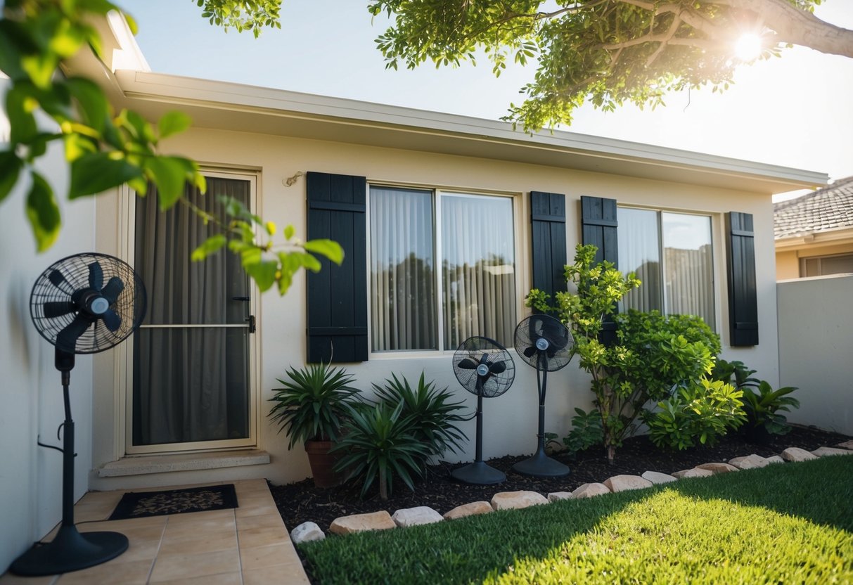 A house with closed windows and curtains, sun shining outside, fans placed strategically to circulate air, plants and trees providing shade, and insulated walls to keep the heat out