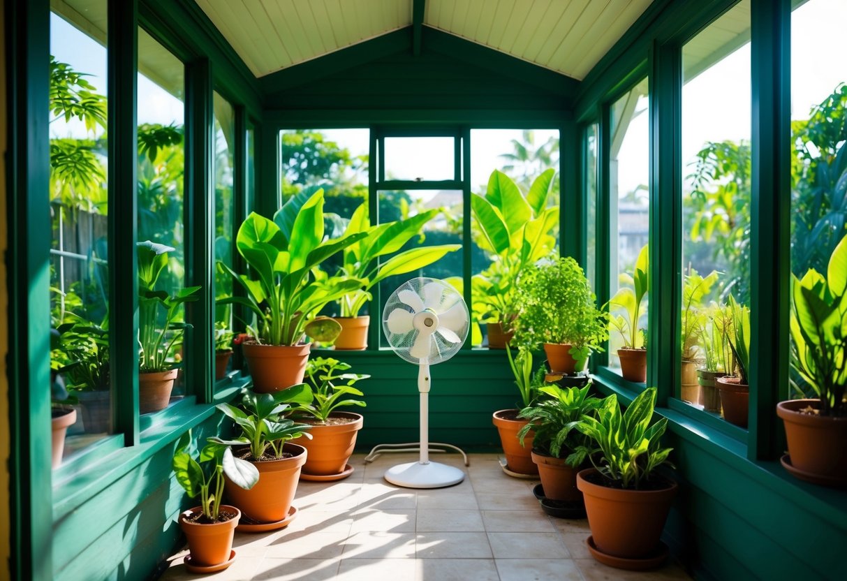 A lush, green house with open windows, a fan circulating air, and potted plants strategically placed for natural cooling