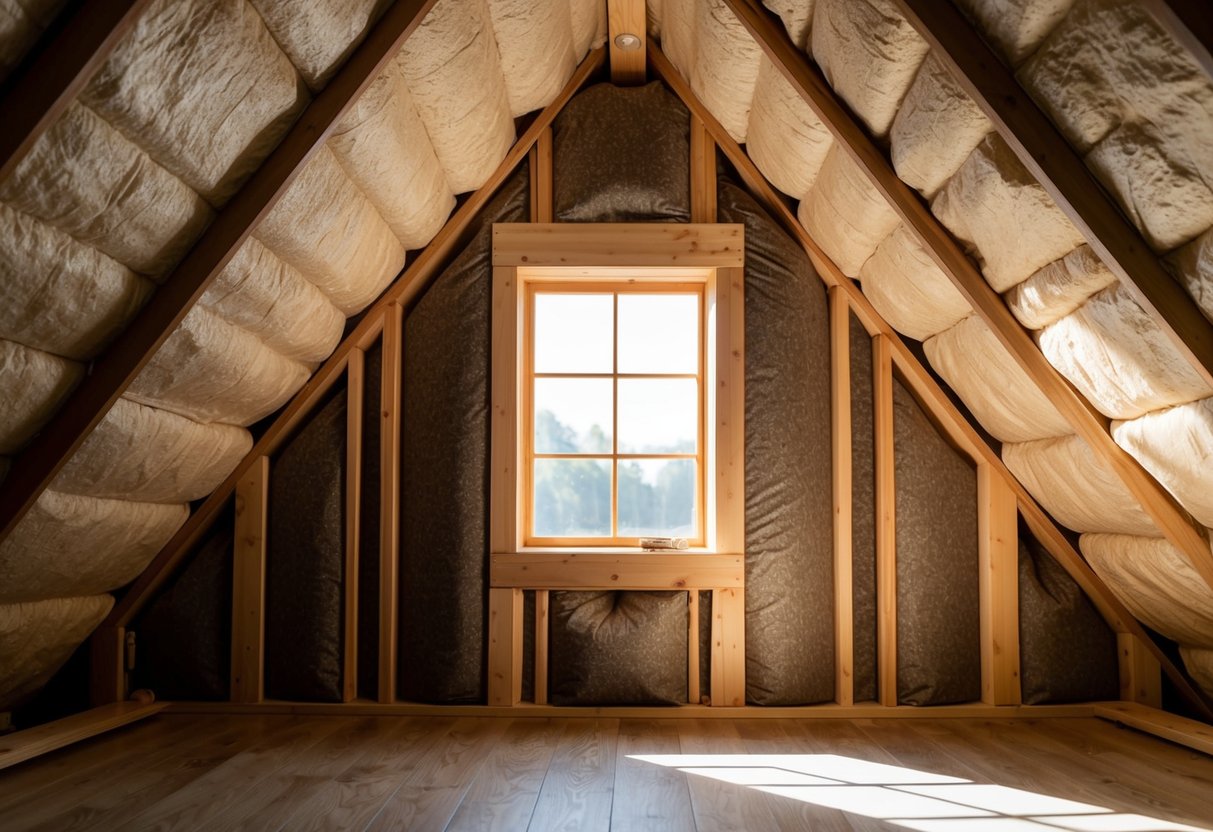 Un grenier confortable avec des options d'isolation : laine de verre ou laine de bois. La lumière pénètre par une petite fenêtre, projetant des ombres sur le sol.